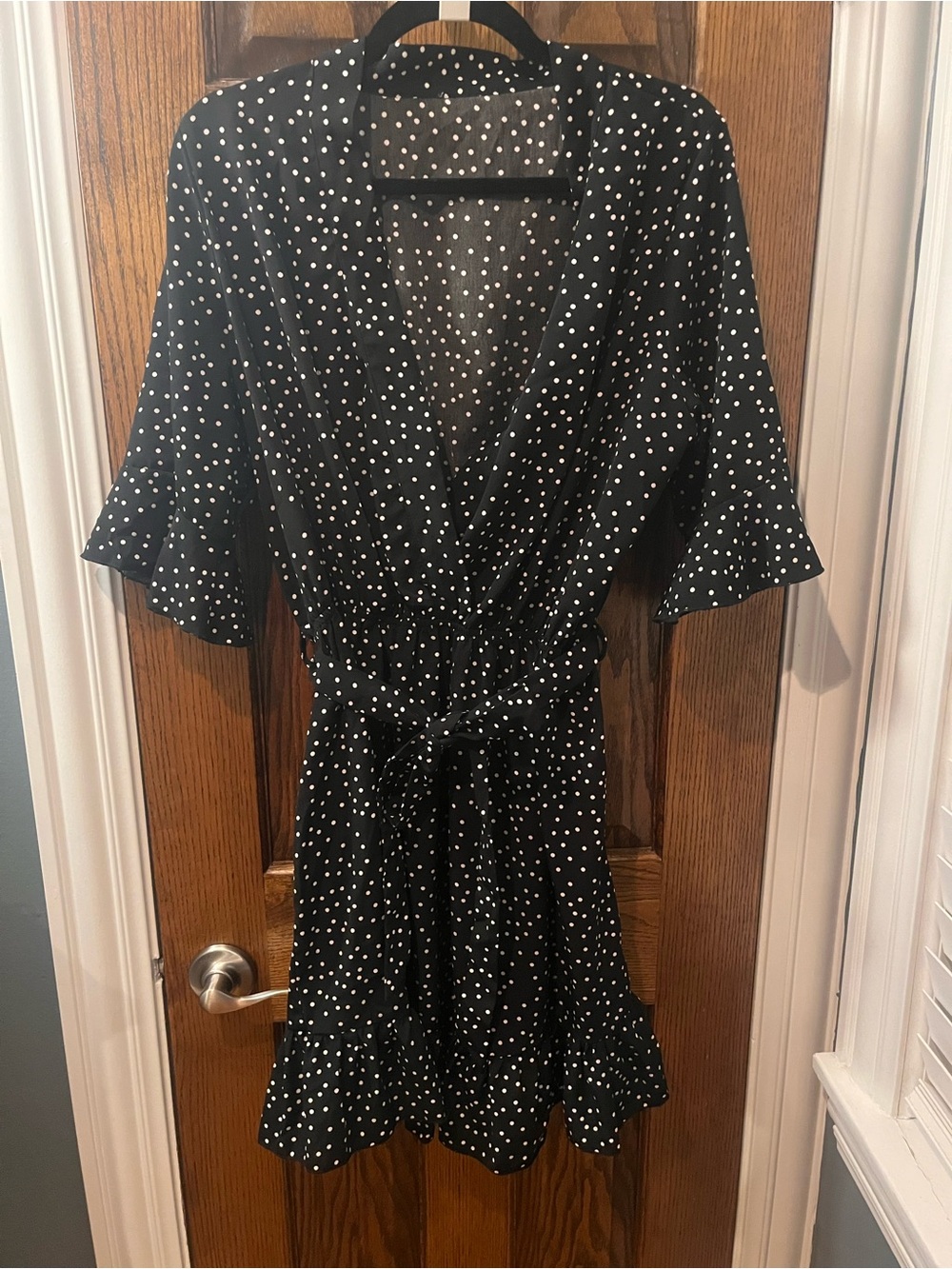 Boohoo Black Polka Dot Wrap Dress with Ruffle Hem - Size XL